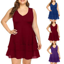 Vestido corto informal de verano sin mangas con cuello en V para mujer, minivestido liso con volantes en cascada, talla grande 2024 - compra barato