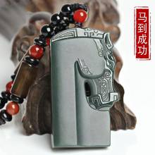 Verde botella natural de Jade Carven, diseño de cabeza de caballo, amuleto que bendice la suerte, Netsuke Talisman 2024 - compra barato