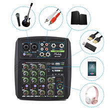 Muslady 4-канальный аудио смеситель микшерный пульт светодиодный Экран встроенный звуковая карта USB установления соединения BP с 2-полосный эквалайзер усиления задержку повторного 2024 - купить недорого