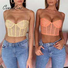 Tops cortos de cristal para mujer, sujetador de malla con diamantes de imitación Sexy, tirantes finos, camisola sin espalda, Bralette, ropa de playa, amarillo y naranja, novedad de verano 2024 - compra barato