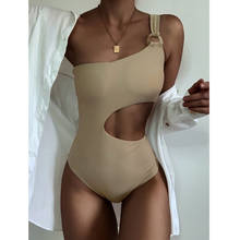 Bañador de un hombro para mujer, traje de baño de una pieza recortado Beige, Monokini con anillo, traje de baño de una pieza, talla grande XL 2024 - compra barato