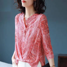 Women 2021 Spring Summer Style Casual Chiffon Blouses Shirts Lady Three Quarter Sleeve Printed Red Chiffon Blusas Tops M-5XL 2024 - buy cheap