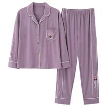 Pijamas de punto de algodón para mujer, ropa de dormir bonita de talla grande, conjunto de manga larga a rayas, 2 piezas, Otoño e Invierno 2024 - compra barato