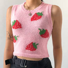 Korea Style Sweet Sleeveless Sweater Vest Women Jumper Strawberry Knitted Crop Top Lady Streetwear O-Neck Pullover Top Vest 2024 - buy cheap