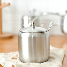 Aço inoxidável durável tigela de açúcar doméstico condimento pote cozinha spice recipiente pequeno com tampa colher tempero jar prata 2024 - compre barato