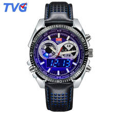 Tvg relógio masculino impermeável, relógio analógico digital de quartzo com led azul e pulseira de couro, relógios esportivos masculinos 30m 2024 - compre barato