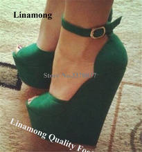 Linamong Super High Wedges Peep Toe Suede Leather High Platform Wedge Pumps Ankle Strap Green Height Increased Wedges Dress Heel 2024 - buy cheap