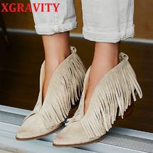 XGRAVITY-zapatos de piel auténtica con flecos para mujer, botas de tacón alto con diseño de corte en V, tacón grueso, S005, otoño, 2021 2024 - compra barato