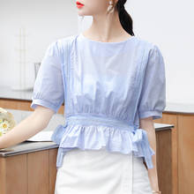 Korean Sweet Ruffle Hem Blouse Women Crop Top Vintage Puff Sleeve Cute Womens Tops and Blouses Lace Hollow Summer Bandage Shirts 2024 - buy cheap