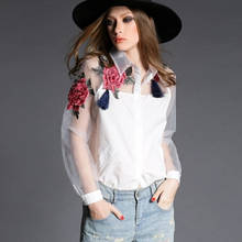 Women Shirts Blouses Organza Embroidery Sexy Shirts OL Slim Solid Color Blouses Lady's Long Sleeve V-Neck Tops 2024 - buy cheap