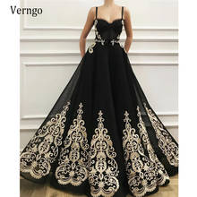 Verngo 2021 Modern Black Organza A Line Long Prom Dresses With Golden Lace Applique Spaghetti Straps Lady Formal Evening Gowns 2024 - buy cheap