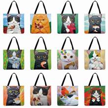 Women Shoulder Bag Oil Painting Cat Printed Tote Bag Linen Febric Casual Tote Foldable Shopping Bag Reusable Beach Bag Hand Bag 2024 - buy cheap