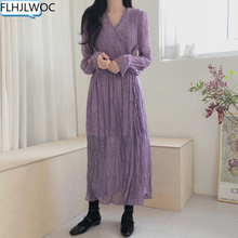 2019 primavera lindo largo vestidos máximos de las mujeres de estilo coreano de manga larga temperamento dama V cuello púrpura Vintage camisa vestido 6512 2024 - compra barato