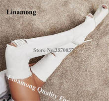 Linamong Women Sexy Peep Toe Denim Over Knee Stiletto Heel Gladiator Boots White Pink Cut-out Long HIgh Heel Boots Dress Heels 2024 - buy cheap