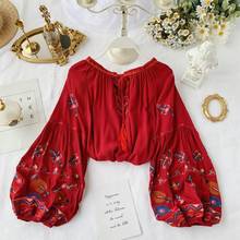Yvuzi camisa feminina do vento nacionais, camiseta feminina bordada para primavera, blusa estilo retrô com decote em v e manga, moda 2020 2024 - compre barato