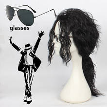 Peluca rizada negra larga de Anime Michael Jackson, peluca de cabello de disfraz MJ, juego de rol de alta calidad, pelucas y gafas, accesorios de Halloween 2024 - compra barato