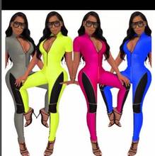 Women Color Patchwork Athleisure Jumpsuit Sexy Zipper V Neck Short Sleeve Night Party Club Rompers Sporting Outfits Tracksuit 2024 - buy cheap