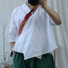 Johnature-camisetas de algodón y lino con cuello en V para mujer, camisa de media manga con cordones de retazos Retro, a la moda, 4 colores, 2021 2024 - compra barato