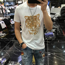 Men's summer new 100% cotton leisure high-quality T-shirt Tiger beaded O-neck cotton brand fitness 2024 - buy cheap