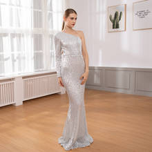 One Shoulder Silver Green Sequined Maxi Dress Elegant Single Sleeve Bodycon Floor Length Night Dress Gown XL 2024 - buy cheap