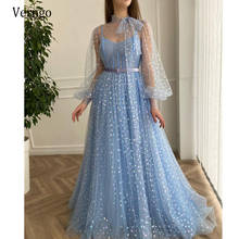 Verngo 2021 New Heart Pattern A Line Light Blue Tulle Prom Dresses Sheer Puff Long Sleeves High Neck Bow Ties Sash Evening Gown 2024 - buy cheap