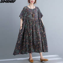 Женское длинное льняное платье DIMANAF, винтажный сарафан большого размера 4XL 5XL с круглым вырезом и коротким рукавом, лето 2021 2024 - купить недорого