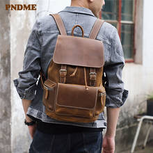 PNDME vintage genuine leather men's backpack outdoor travel real leather bookbag fashion crazy horse cowhide women's bagpack 2024 - buy cheap