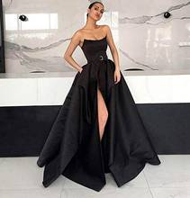 2021 Satin Strapless Prom Dresses with Pockets High Split Sleeveless Formal Evening Party Gowns Robe De Soiree 2024 - buy cheap
