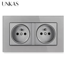 UNKAS Dual French Standard Grey Luxury Tempered Crystal Glass Panel Socket 146MM * 86MM Gray 2 Gang Wall Power 16A Outlet 2024 - buy cheap