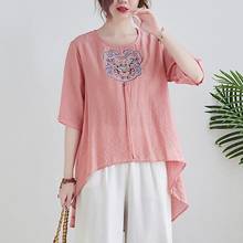 Oversized feminino algodão linho camisetas casuais novo 2021 verão indie folk estilo vintage bordado solto feminino topos t s3581 2024 - compre barato