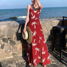 Женское длинное пляжное платье с тропическим принтом, подиумное шифоновое платье макси бордового цвета на бретельках, Элегантное повседневное праздвечерние чное платье в стиле бохо для отпуска на лето 2024 - купить недорого