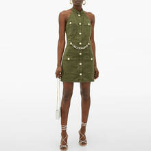 Vestido de diseño de pasarela para mujer, de alta calidad, con botones de León, cadena de algodón verde, cuello Halter, con Espalda descubierta, novedad de 2021 2024 - compra barato