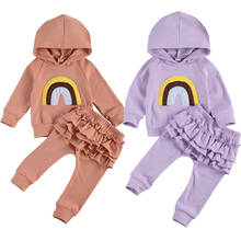 0-3y outono bebê meninas conjuntos de roupas arco-íris impressão manga longa com capuz pulôver tops babados calças 2 pçs 2024 - compre barato