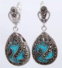 fashionable jewelry 925 Silver & Marcasite inlay blue Natural Turquoise Waterdrop Earrings 2024 - buy cheap