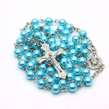 Rosário azul de 6mm, colar com pingente de cruz de jesus, religioso, católico, oração cristã, joias para casamento 2024 - compre barato