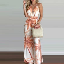 2022 Women Summer Tropical Print Halter V Neck Wide Leg Jumpsuit Backless Sexy Casual Beachwear Vacation Sleeveless Jumpsuits 2024 - buy cheap