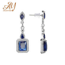 Anillos Yuzuk Trendy Female Silver 925 Ear Drops Fine Jewelry With Blue Gemstones Square Shaped Sapphire Earrings For Women Gift 2024 - buy cheap