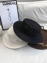 TOMKHU-Sombrero de playa de paja para mujer, gorra plana redonda con letras M, cinta blanca, Boater, ala ancha, Panamá 2024 - compra barato