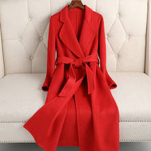 2020 модное кашемировое пальто, женская осенне-зимняя куртка, двустороннее шерстяное пальто, отложной воротник, шерстяной Тренч с поясом, Красный 2024 - купить недорого