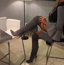 Sexy Woman Gray Suede Leather Slim Tassels Back Pointed Toe Over The Knee Thin Heels Thigh Long Boots Fringes High Heels 2024 - buy cheap