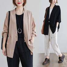 Retro Korean Loose Plus Size Long Solid Color Cardigan Suit Jacket Spring 2021 New Trend V-Neck Cotton And Linen Shirt Top zh155 2024 - buy cheap