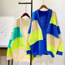 Cárdigan de gran tamaño para mujer, chaqueta de punto de retales de bloque de Color, suéter perezoso Oaf, abrigo coreano con cuello en V, 2021 2024 - compra barato