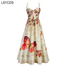 LSYCDS Vintage Floral Dresses Elegant 2020 Women Butterfly Print Summer Tie Front Yellow Spaghetti Strap Maxi Long Dress 2024 - buy cheap