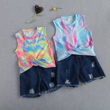 2-7Y Toddler Kids Baby Girl Sleeveless Tie-dyed T-shirt Tops Denim Shorts Jeans 2PCS Summer Clothes Set 2024 - buy cheap