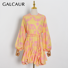 GALCAUR-vestido con estampado de Color para mujer, prenda elegante con cuello redondo, manga larga, cintura alta, adelgazante, con cinturón, fruncido, a la moda 2024 - compra barato