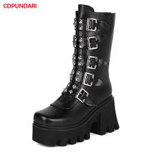 Black Rivet Punk Motorcycle Boots For Women Platform High Heels Boots Ladies Spring Autumn Calf Boots Shoes Super Size 2024 - buy cheap