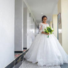 Lindo vestido de noiva 2020, apliques de renda, mangas transparentes, linha a, vestido longo de noiva, que varre 2024 - compre barato
