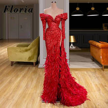 New Arrival Split Slit Beads Evening Dresses 2020 Long Sleeve Dubai Vestido De Festa Red Carpet Runaway Gowns Feather Prom Dress 2024 - buy cheap