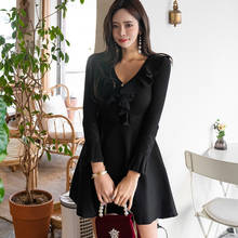 2020 Solid Ladies Flare Long Sleeve A Line Dress Women Corset Ruffle Mini Sweater Knitted Dress Spring Casual New Year Dress 2024 - buy cheap