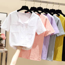 T Shirt Women V-Neck Short Sleeve 2020 New Pocket Tops Tee Shirts Femme Casual Female Short Sleeves Pink Tshirt Clothes 2024 - buy cheap